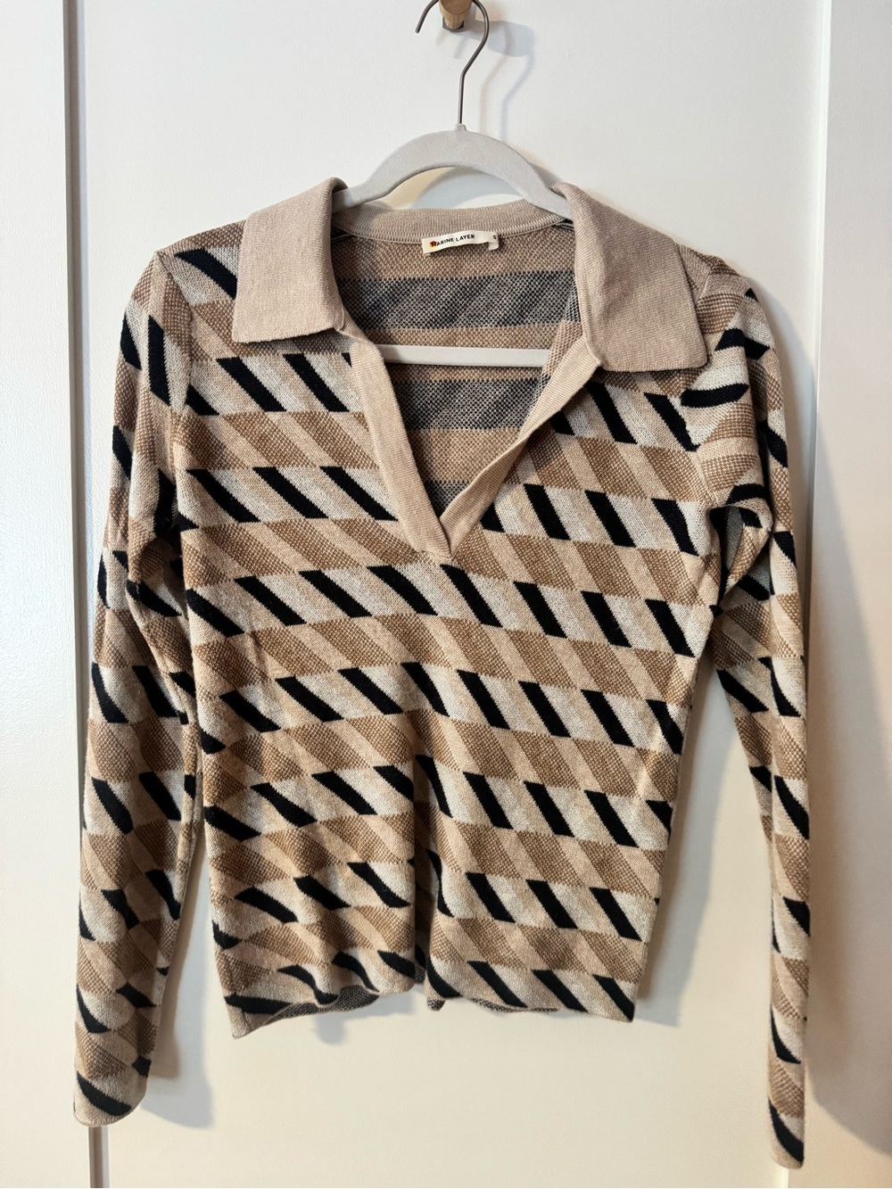 Marine Layer Beige and Black Diagonal Stripe V-Neck Sweater